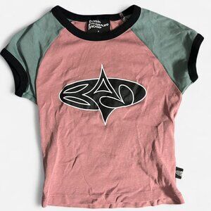 Basic Pleasure Mode pink & green baby tee with graphic design